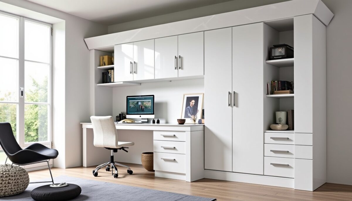 Lit mezzanine blanc avec bureau intégré, rangement optimisé et éclairage LED moderne